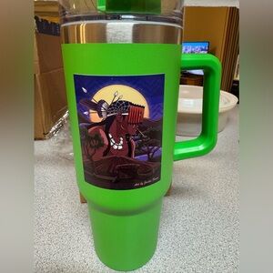 Vibrant Green Travel Mug with Artistic Design miwok Indians NWT
